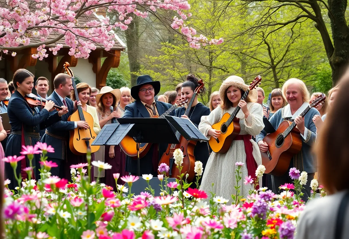 Audience enjoying the Philadelphia spring concert with a Renaissance band performing.