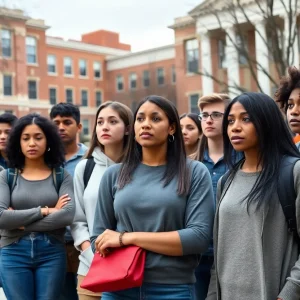 Students outside a Philadelphia university look concerned about visa issues.