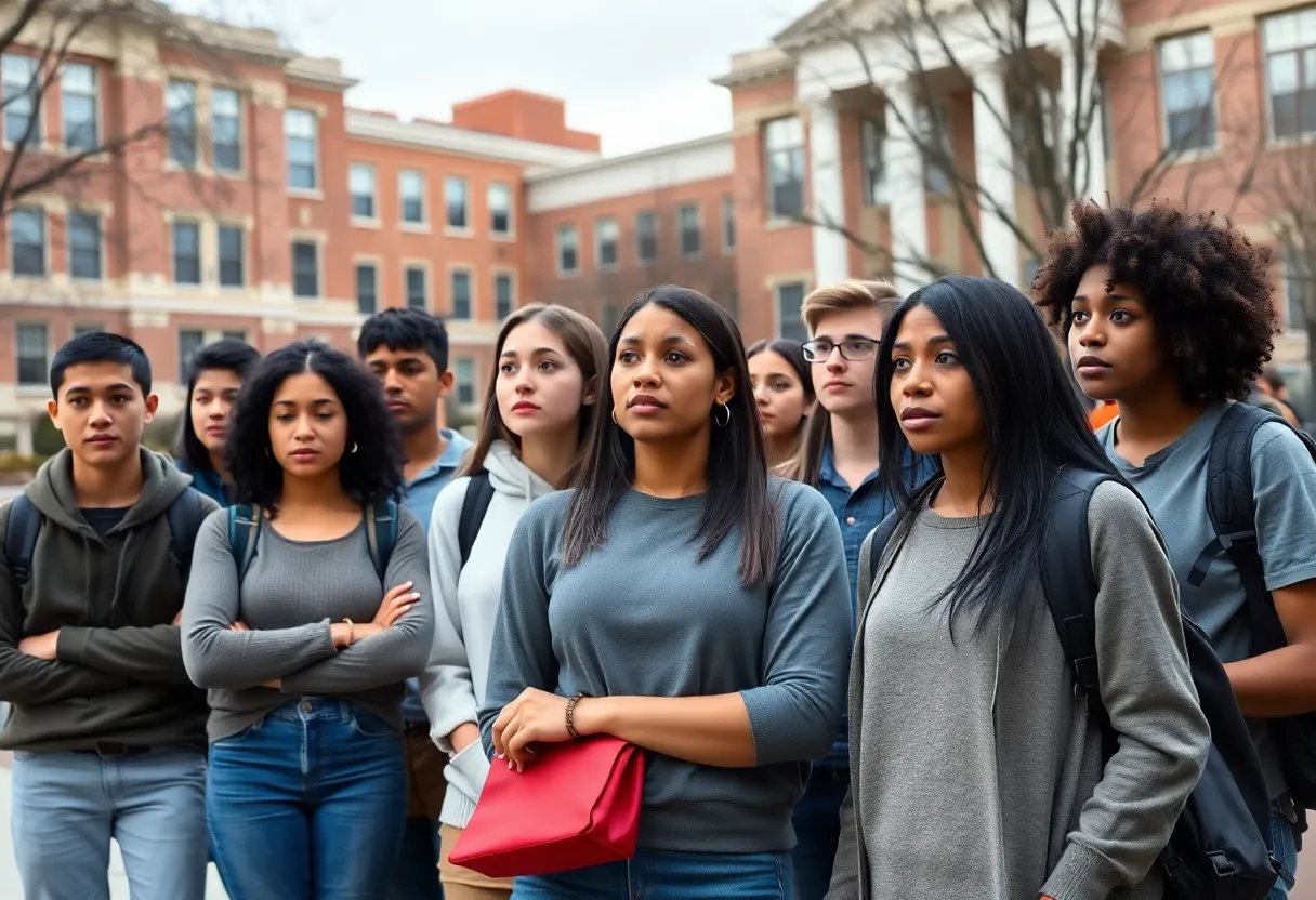 Students outside a Philadelphia university look concerned about visa issues.