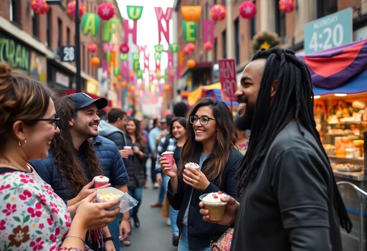 Vibrant 4/20 celebration in Philadelphia with people enjoying treats and events.