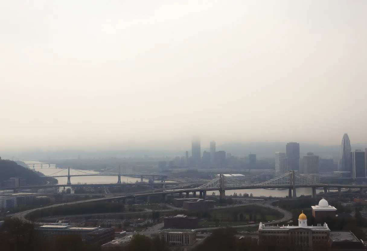 Hazy view of Pittsburgh skyline showcasing air pollution