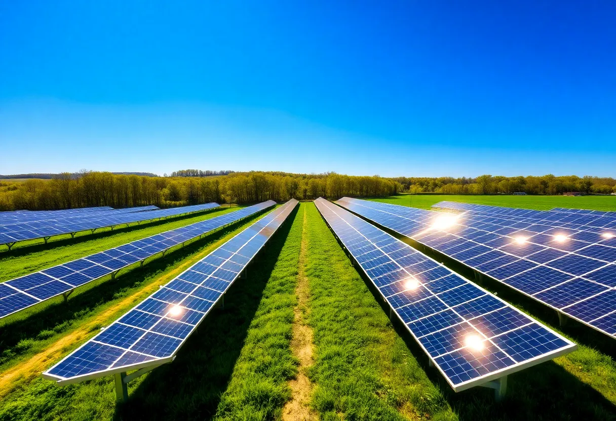 Solar panels in a Pennsylvania solar farm reflecting sunlight.