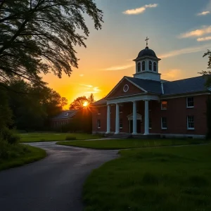 The exterior of St. Basil's Academy with trees in the foreground and a sunset sky.
