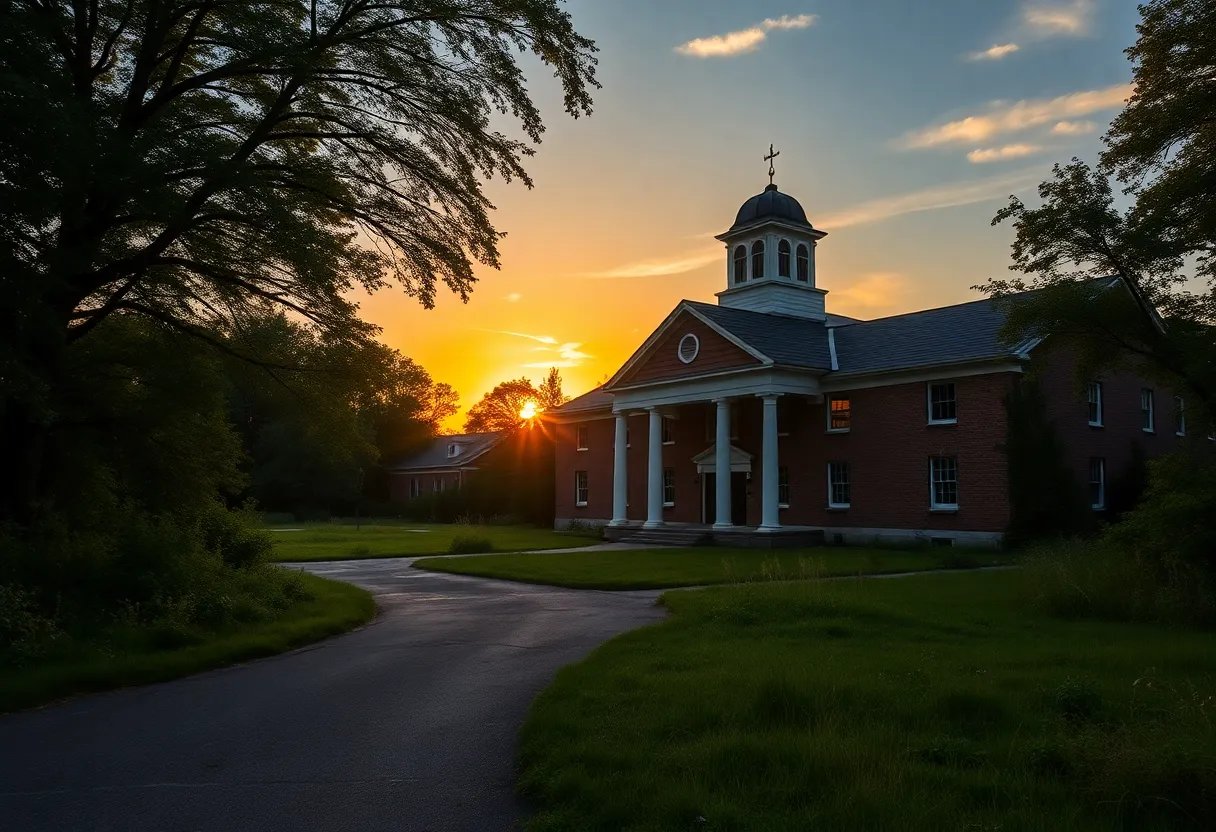 The exterior of St. Basil's Academy with trees in the foreground and a sunset sky.