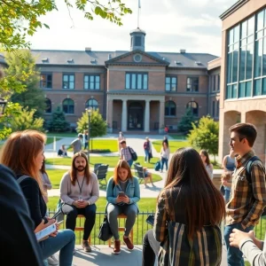 Students engaging in discussions on a university campus