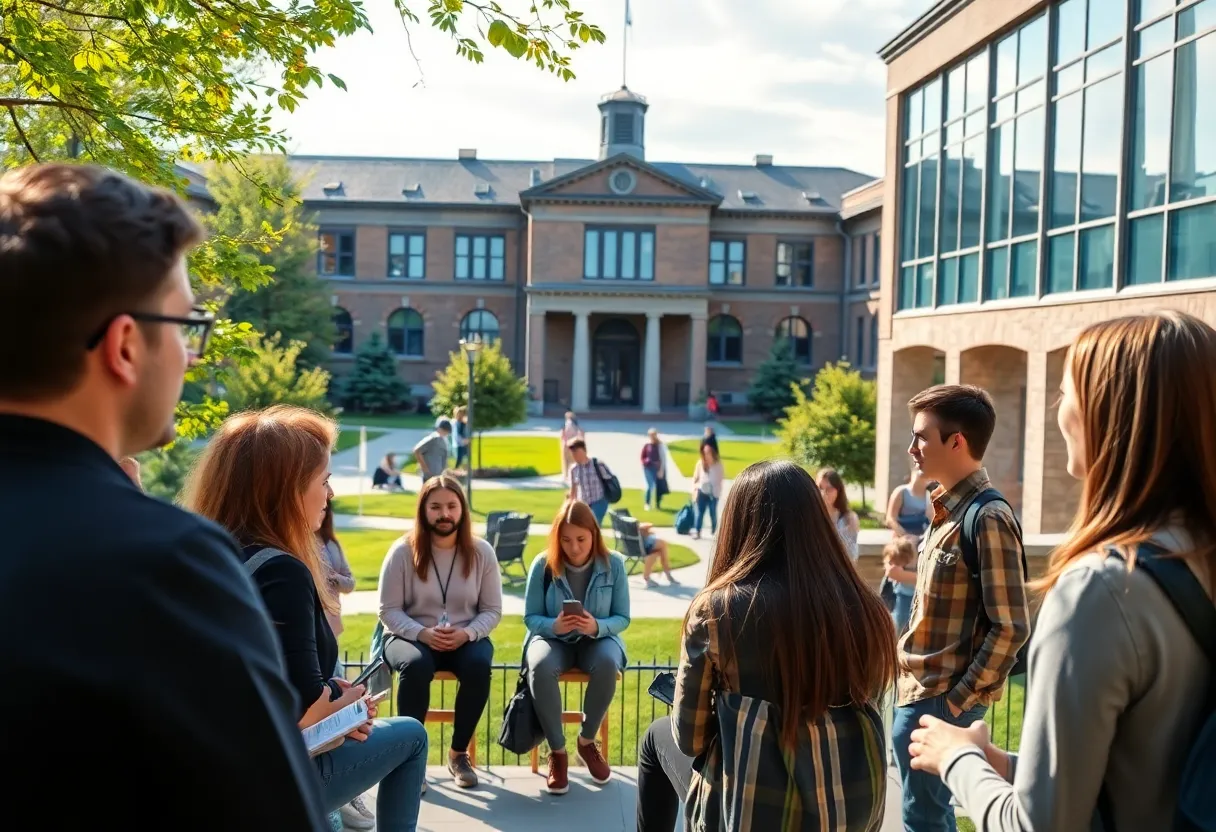 Students engaging in discussions on a university campus