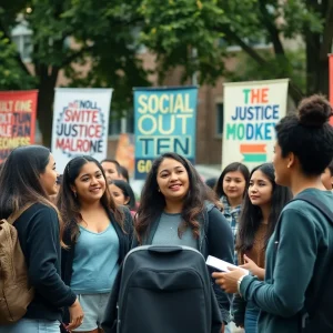 Students on a university campus discussing political issues with banners.