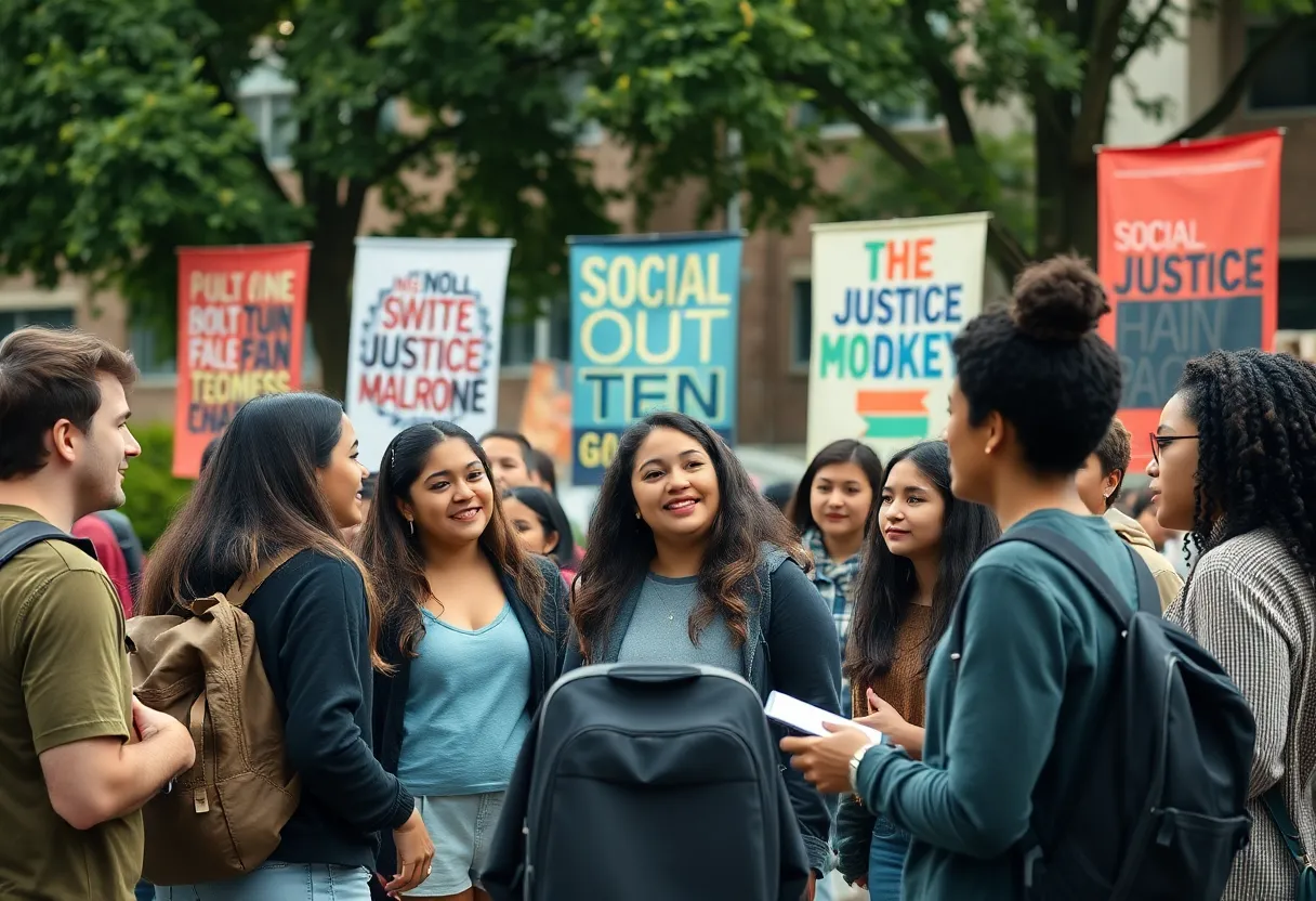 Students on a university campus discussing political issues with banners.