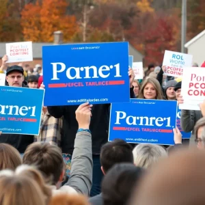 Crowd at a political rally in Pennsylvania celebrating a historic election win.