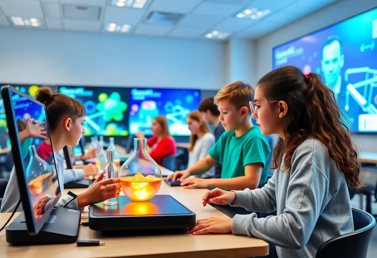 Students participating in virtual science labs using technology in a classroom setting.