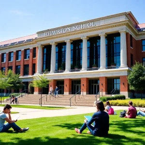 Students studying outside the Wharton School building