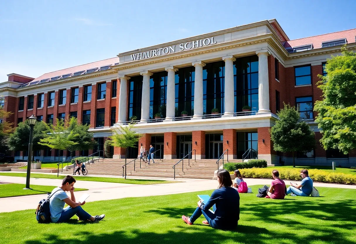 Students studying outside the Wharton School building