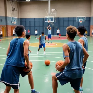 Young basketball players engaged in training session