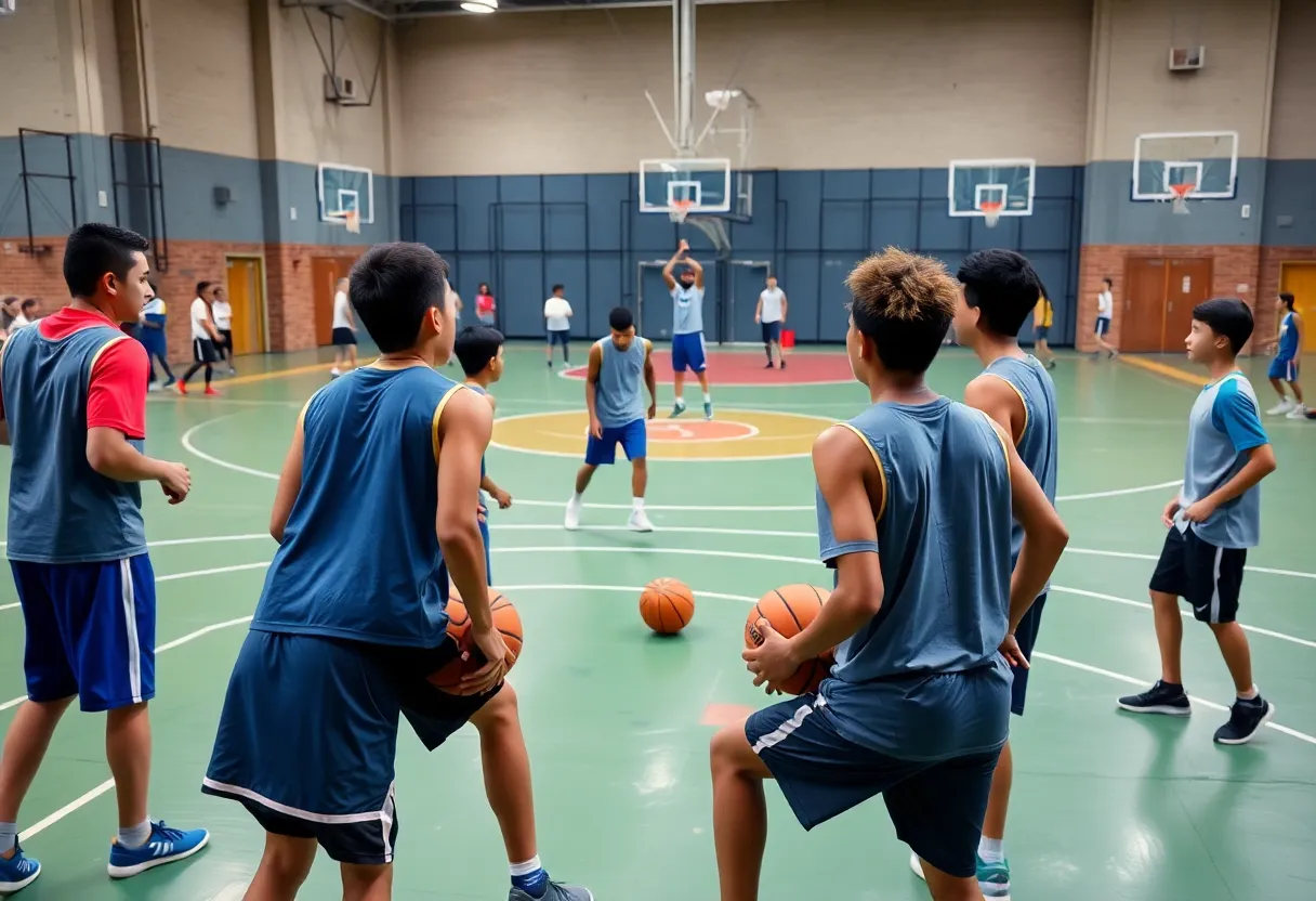 Young basketball players engaged in training session