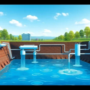 Modern water treatment facility with greenery and blue sky