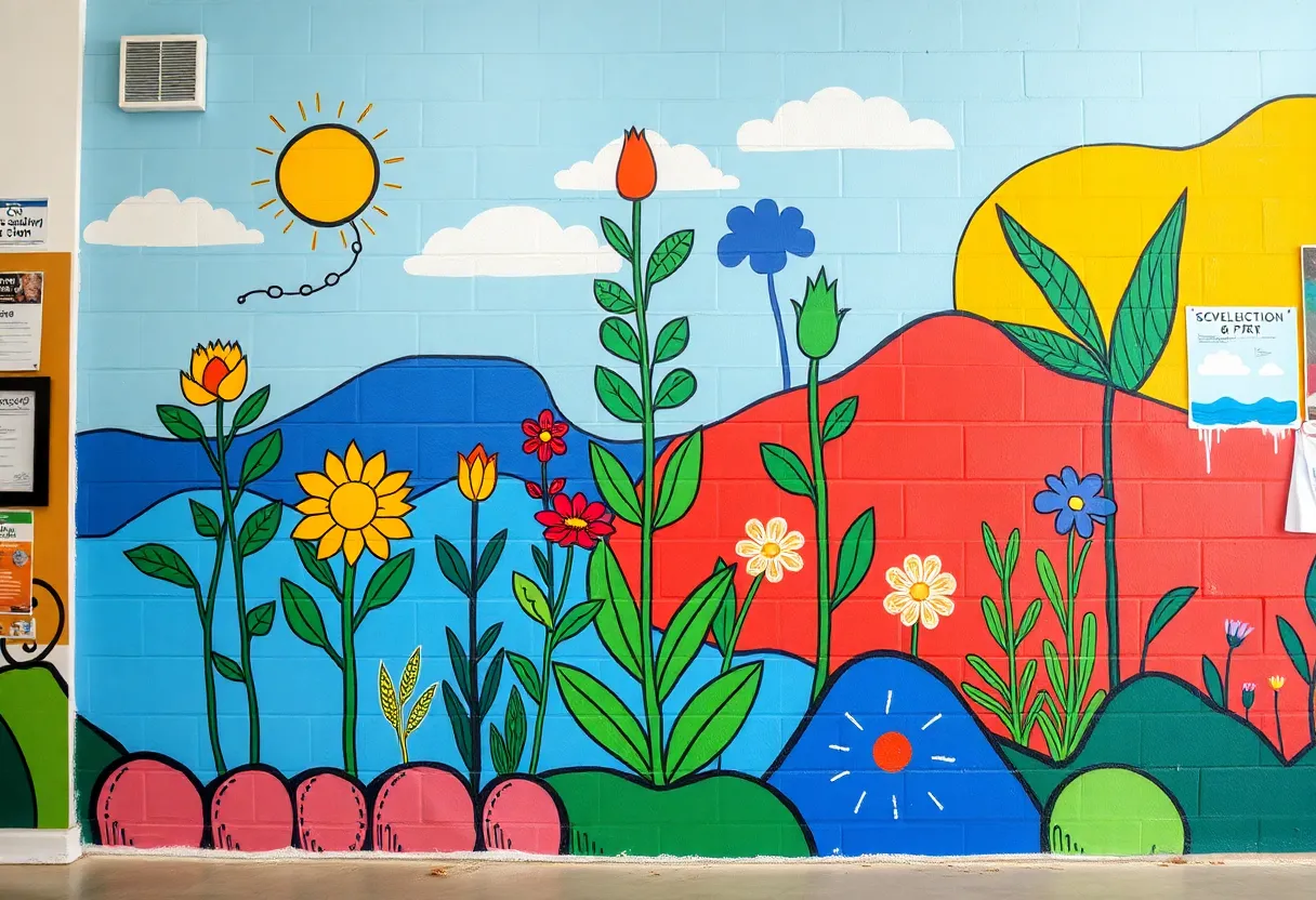 Mural titled 'Blooming Futures' symbolizing education growth