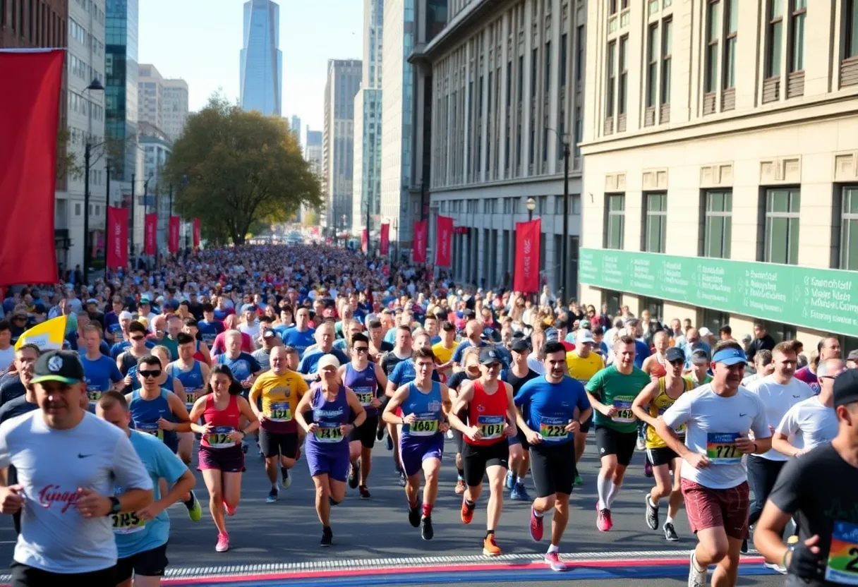Participants crossing the finish line at the Broad Street Run