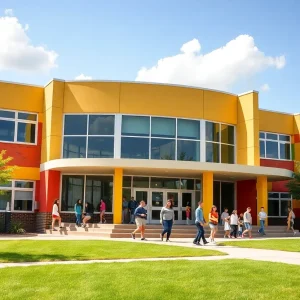 Exterior view of a modern school building with students outside.