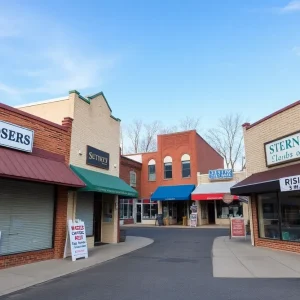 View of a small business district in Central Pennsylvania facing economic challenges with closed shops and hiring signs.
