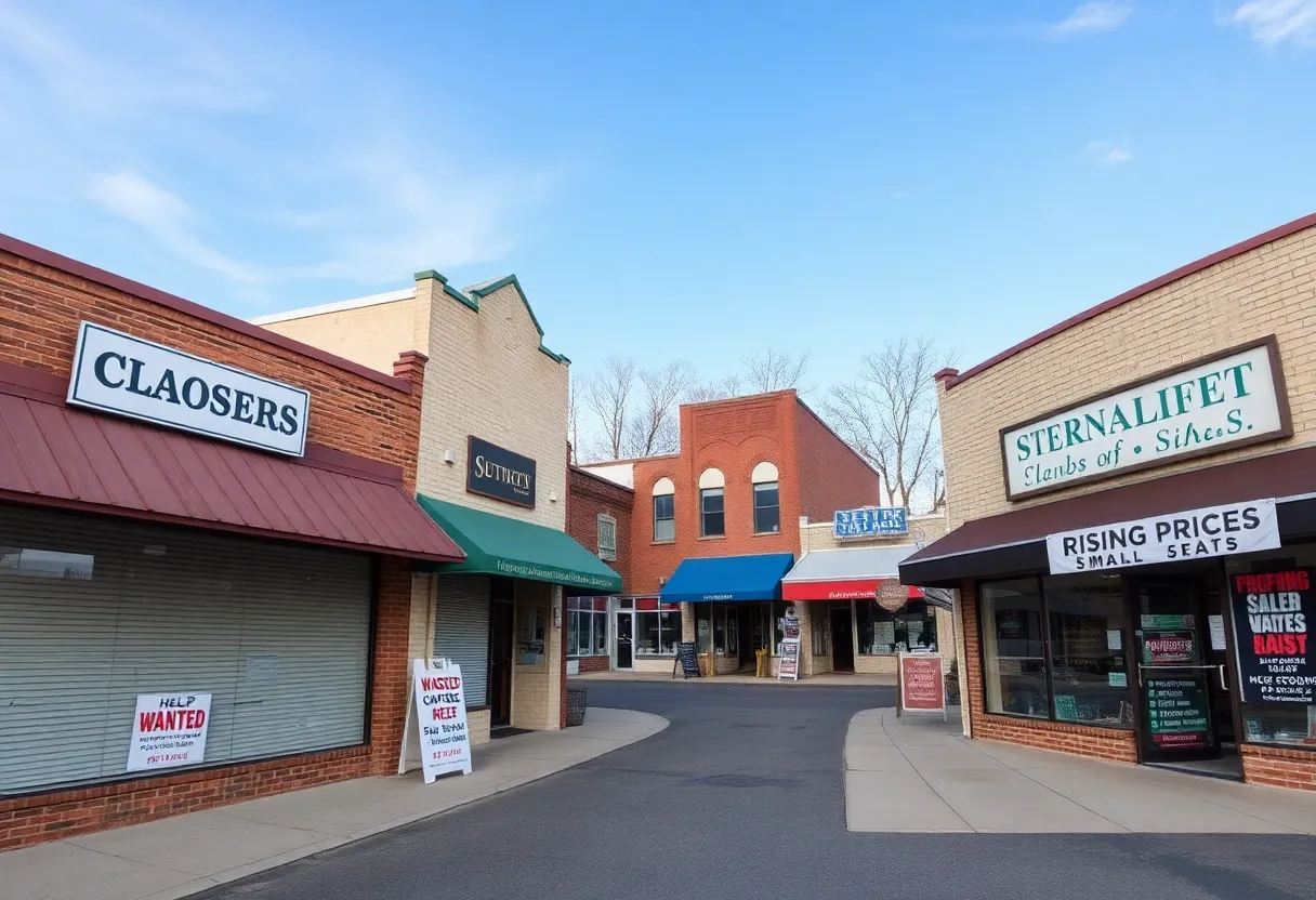 View of a small business district in Central Pennsylvania facing economic challenges with closed shops and hiring signs.