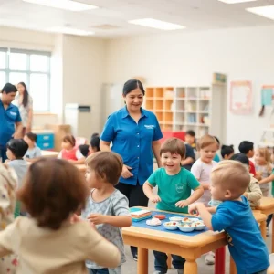 Children playing in a childcare center with staff supervising