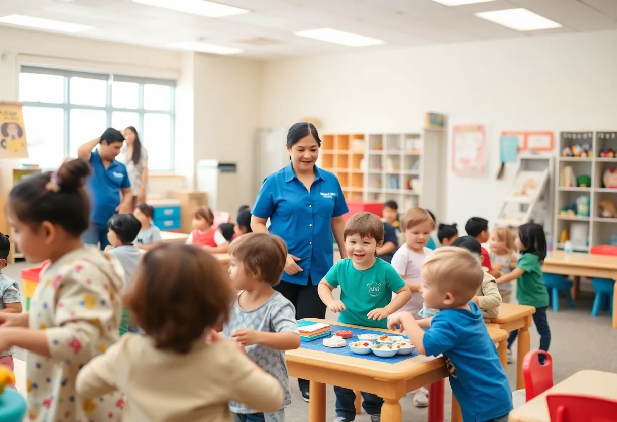 Children playing in a childcare center with staff supervising