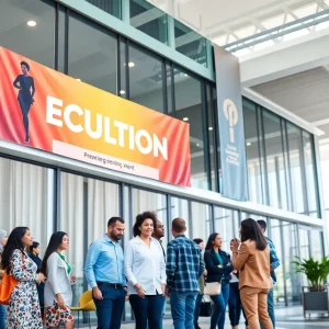 Diverse employees collaborating in a modern office environment