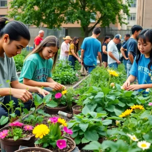 Teenagers working together in a community garden in Kensington, Philadelphia