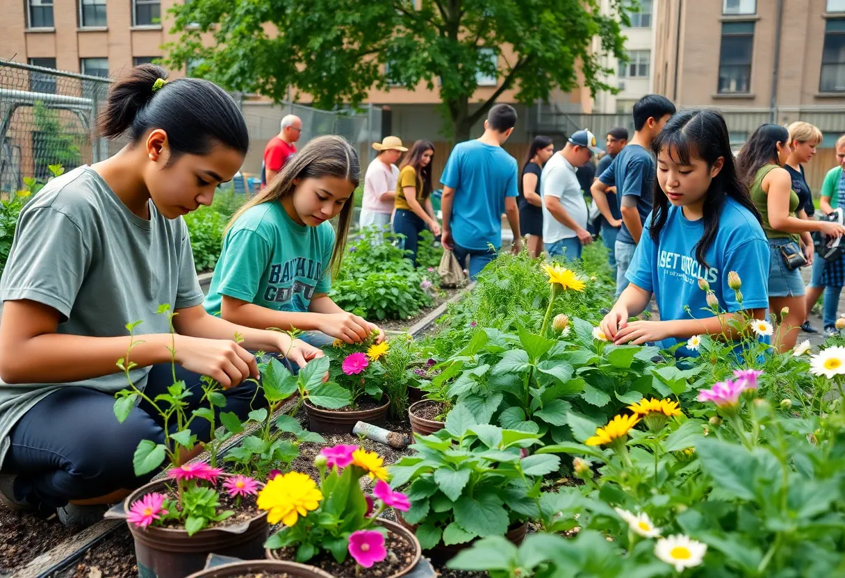 Teenagers working together in a community garden in Kensington, Philadelphia