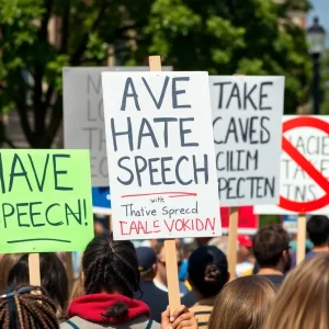 Community members holding signs promoting tolerance and education in Philadelphia.
