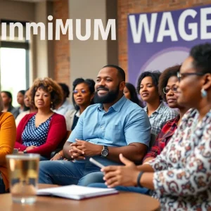 Community members discussing minimum wage increase