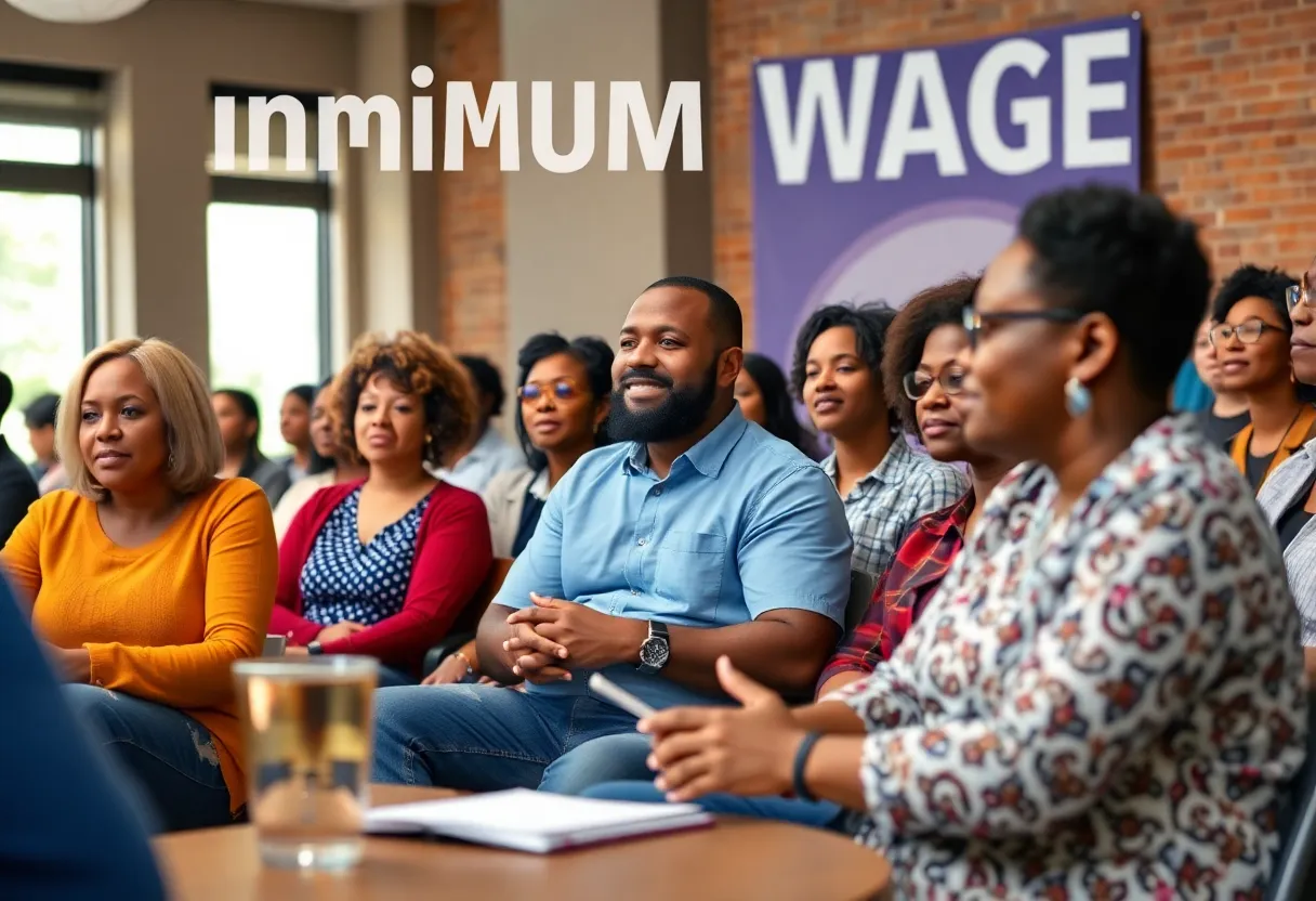 Community members discussing minimum wage increase