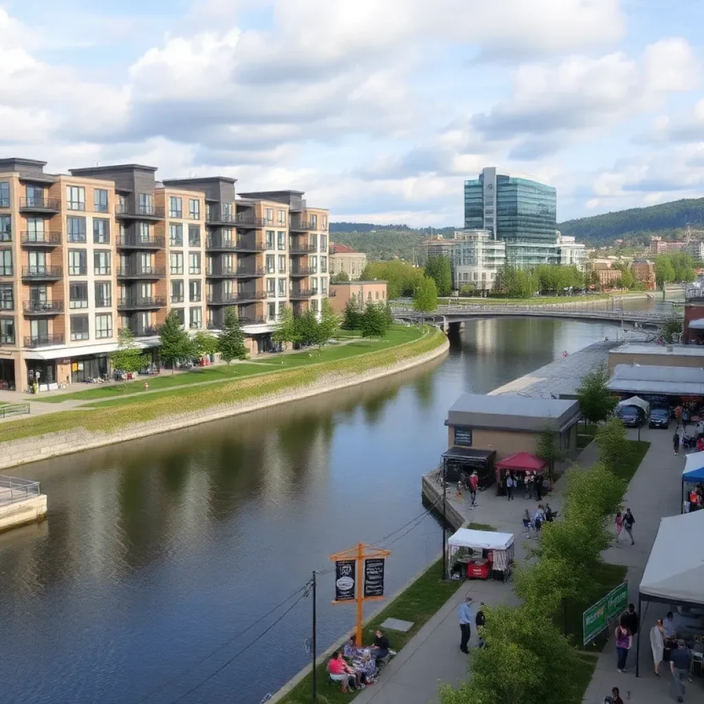 Modern apartment buildings and local businesses in Conshohocken