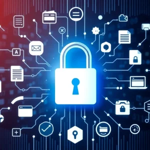 Illustration of data privacy with digital lock and information icons