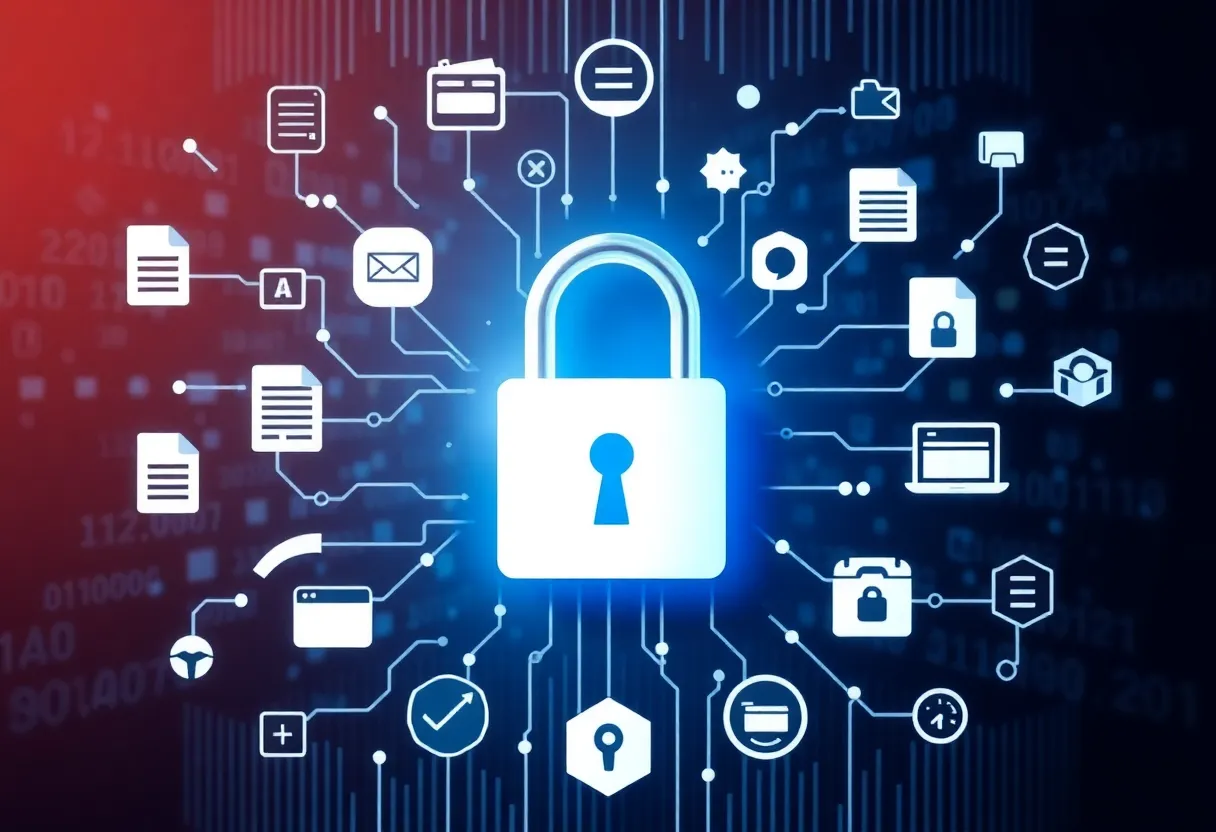 Illustration of data privacy with digital lock and information icons