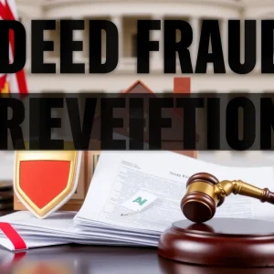Symbolic image depicting deed fraud prevention with a house and legal elements.