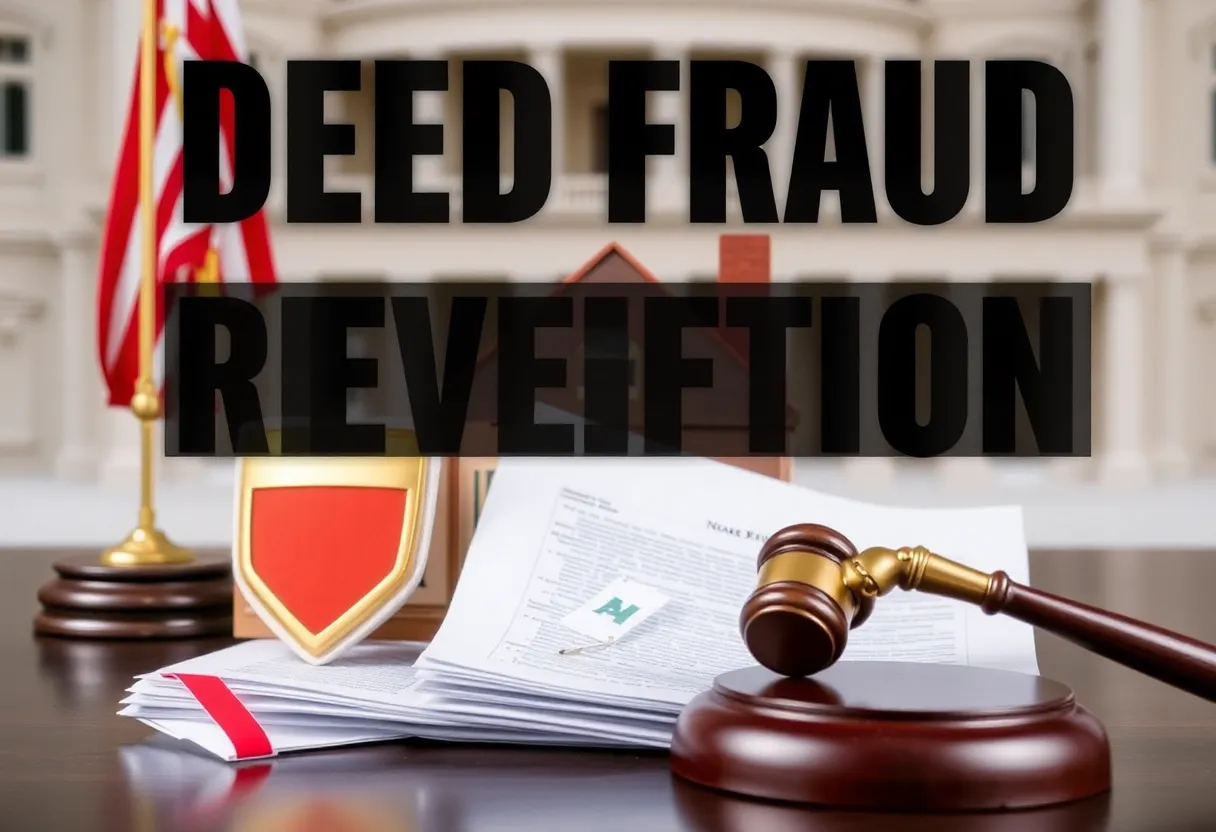 Symbolic image depicting deed fraud prevention with a house and legal elements.