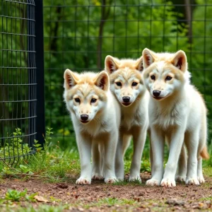 Three dire wolf pups in their ecological preserve.