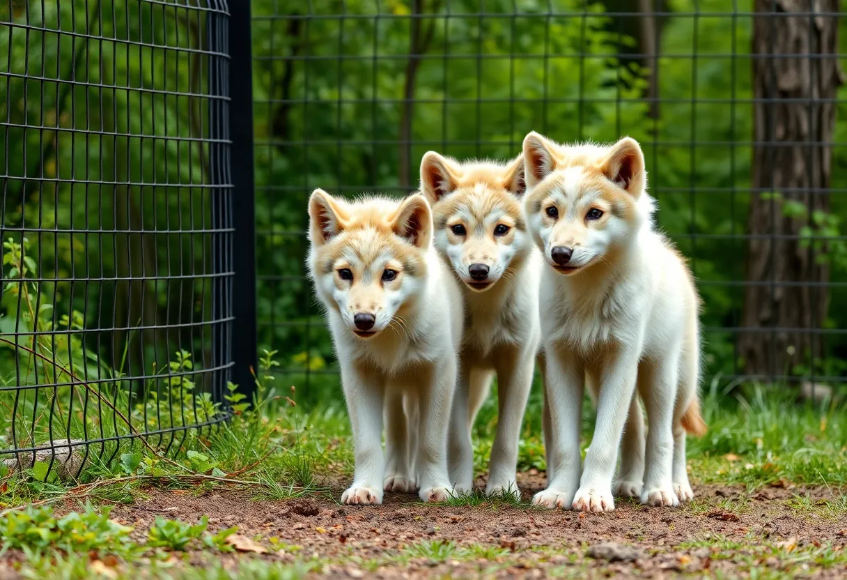 Three dire wolf pups in their ecological preserve.