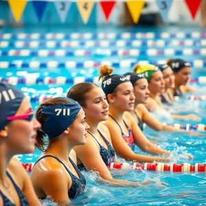 Group of female swimmers competing, showcasing teamwork and competition.