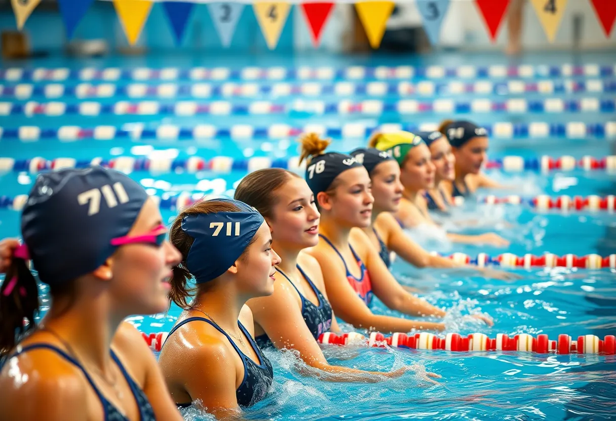 Group of female swimmers competing, showcasing teamwork and competition.