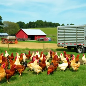 Egg distribution trailer in a farm landscape