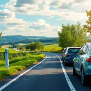 Vehicles charging at an electric vehicle charging station on a scenic road.