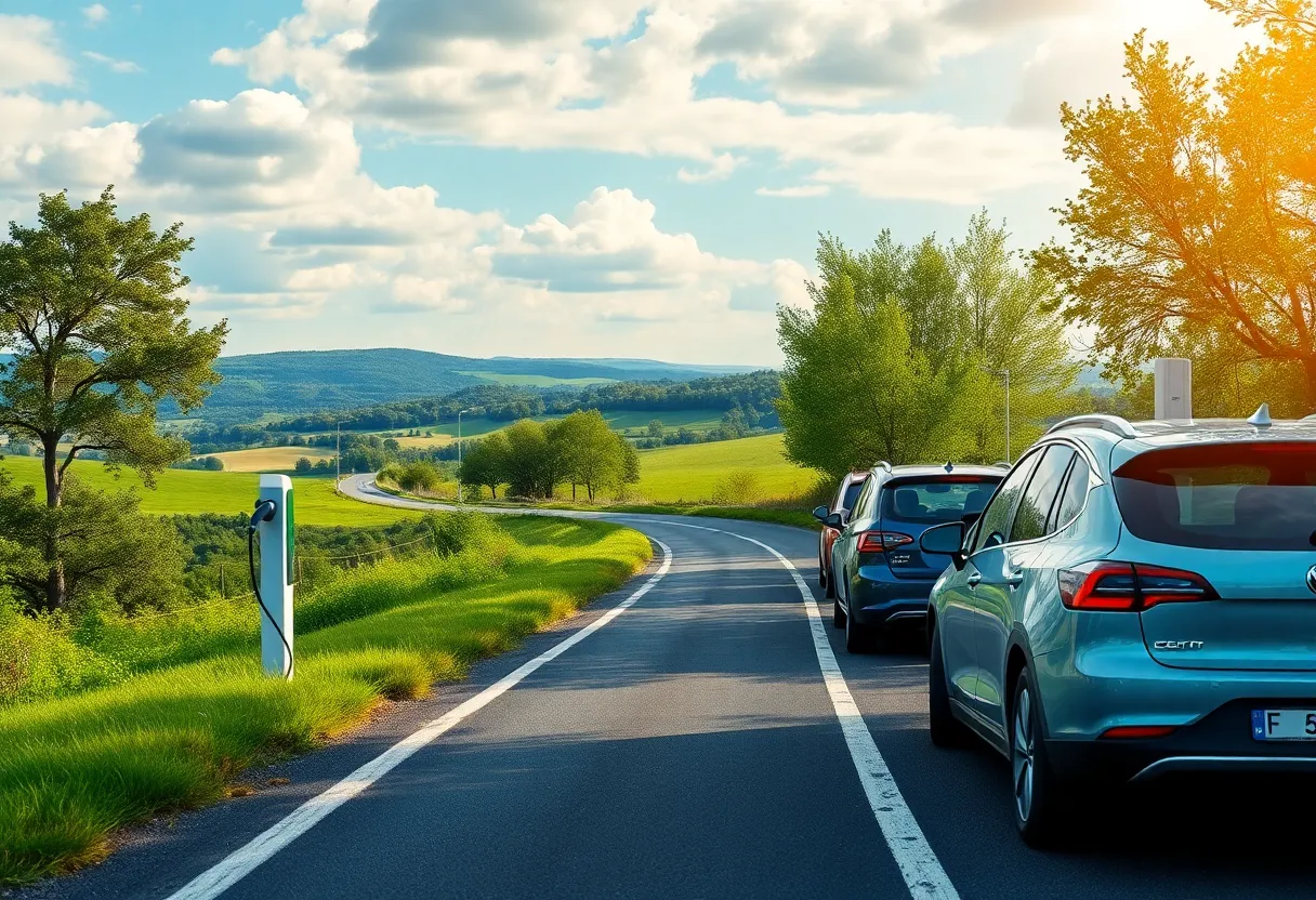 Vehicles charging at an electric vehicle charging station on a scenic road.