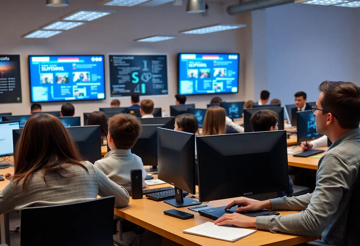 Students participating in an interactive online class with dual screens