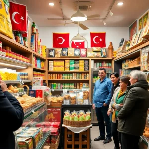Interior of Euro Food Market featuring diverse Turkish products and engaged customers