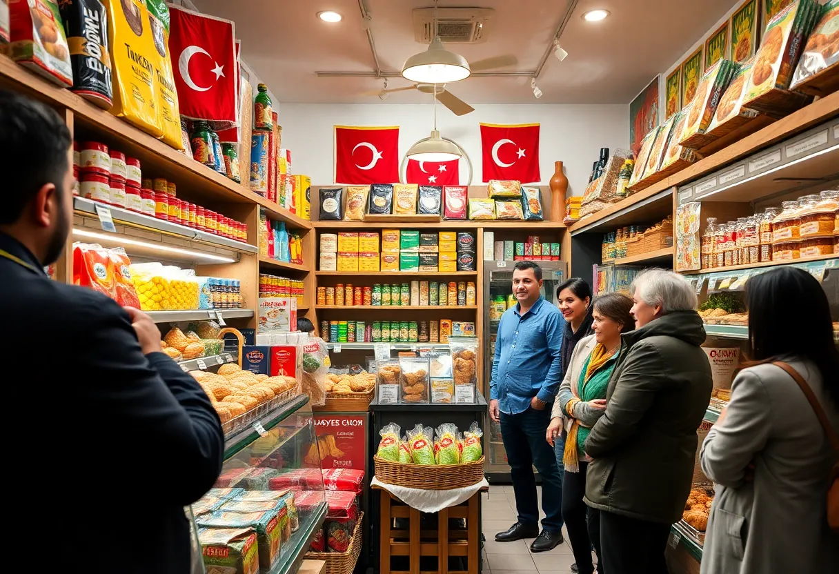 Interior of Euro Food Market featuring diverse Turkish products and engaged customers