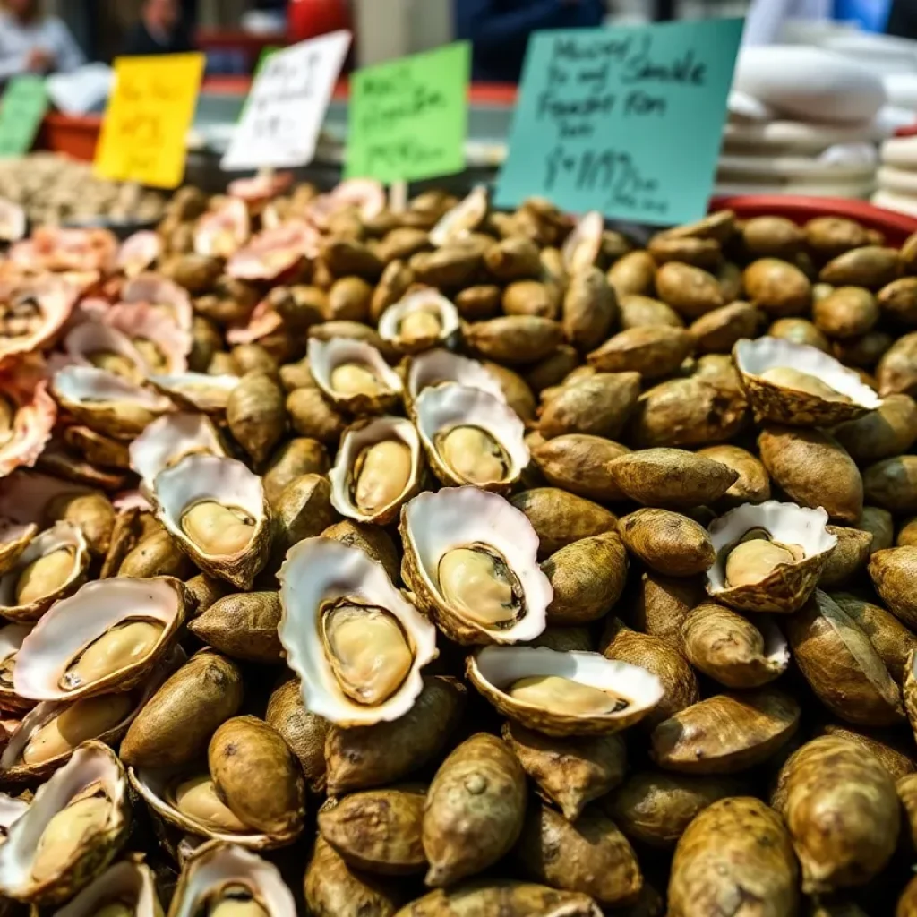 Display of oysters at Fishtown Seafood in a market setting.