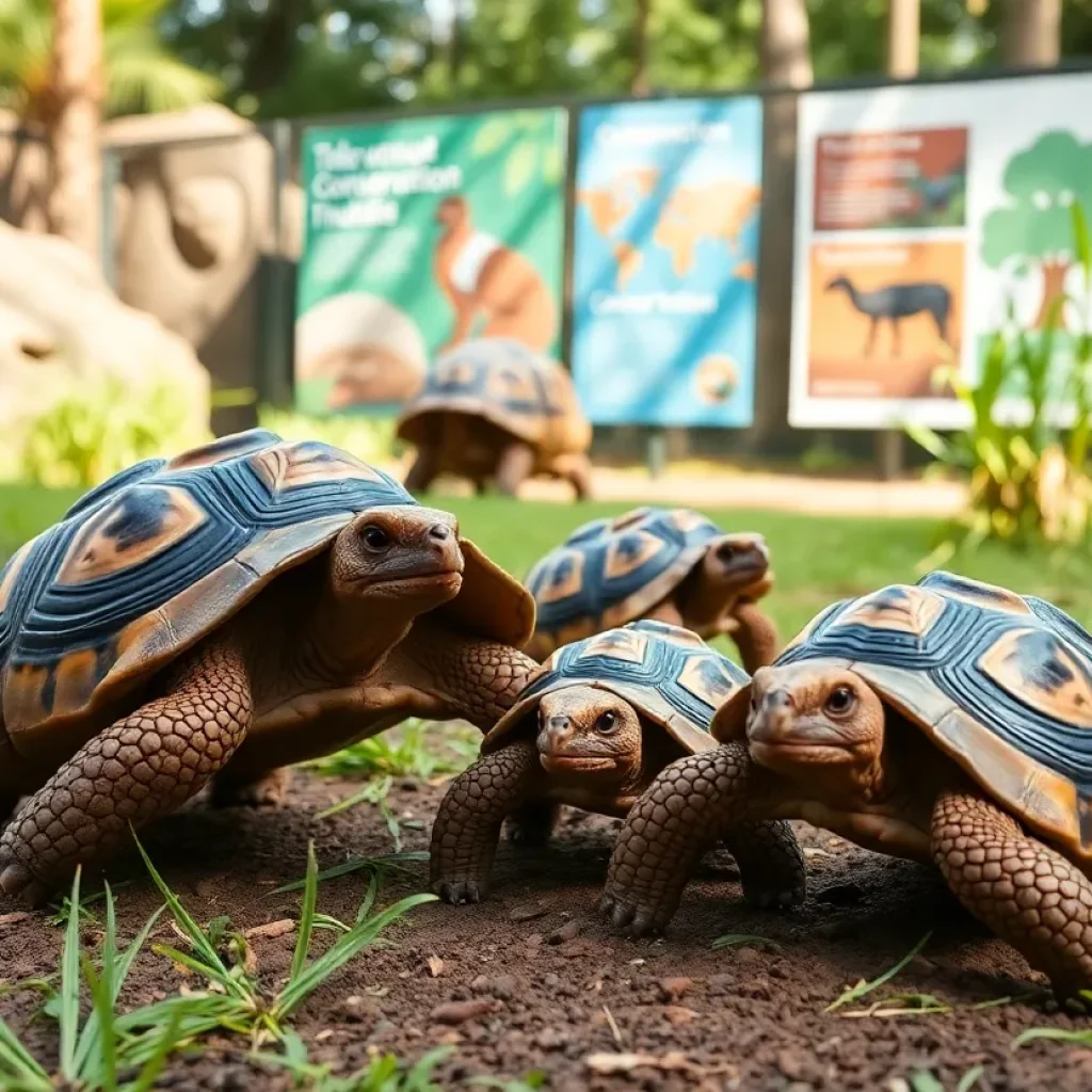 Four Galapagos tortoise hatchlings in their habitat at the Philadelphia Zoo.