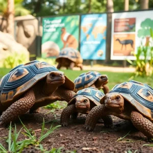 Four Galapagos tortoise hatchlings in their habitat at the Philadelphia Zoo.